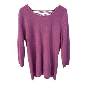 Soho New York and Company Sweater Size XL Lace Up Back 3/4 Sleeve Ribbed Knitted
